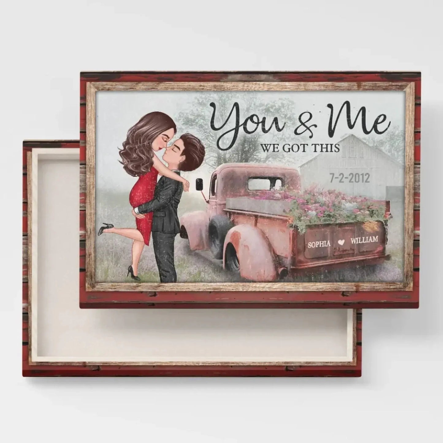 God Knew My Heart Needed You – Personalized Hugging Couple Red Truck Canvas, Romantic Farmhouse Wall Art Gift for Him or Her Ezcustomize