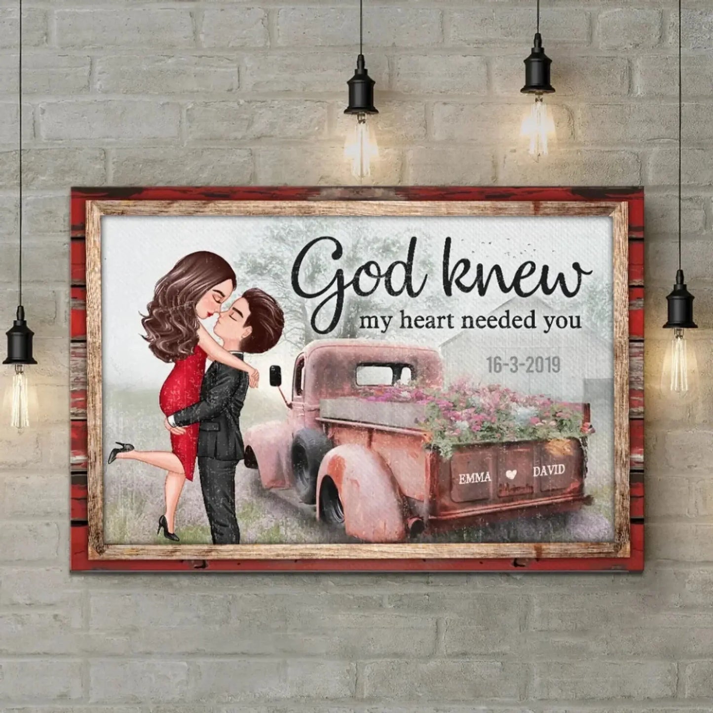 God Knew My Heart Needed You – Personalized Hugging Couple Red Truck Canvas, Romantic Farmhouse Wall Art Gift for Him or Her Ezcustomize