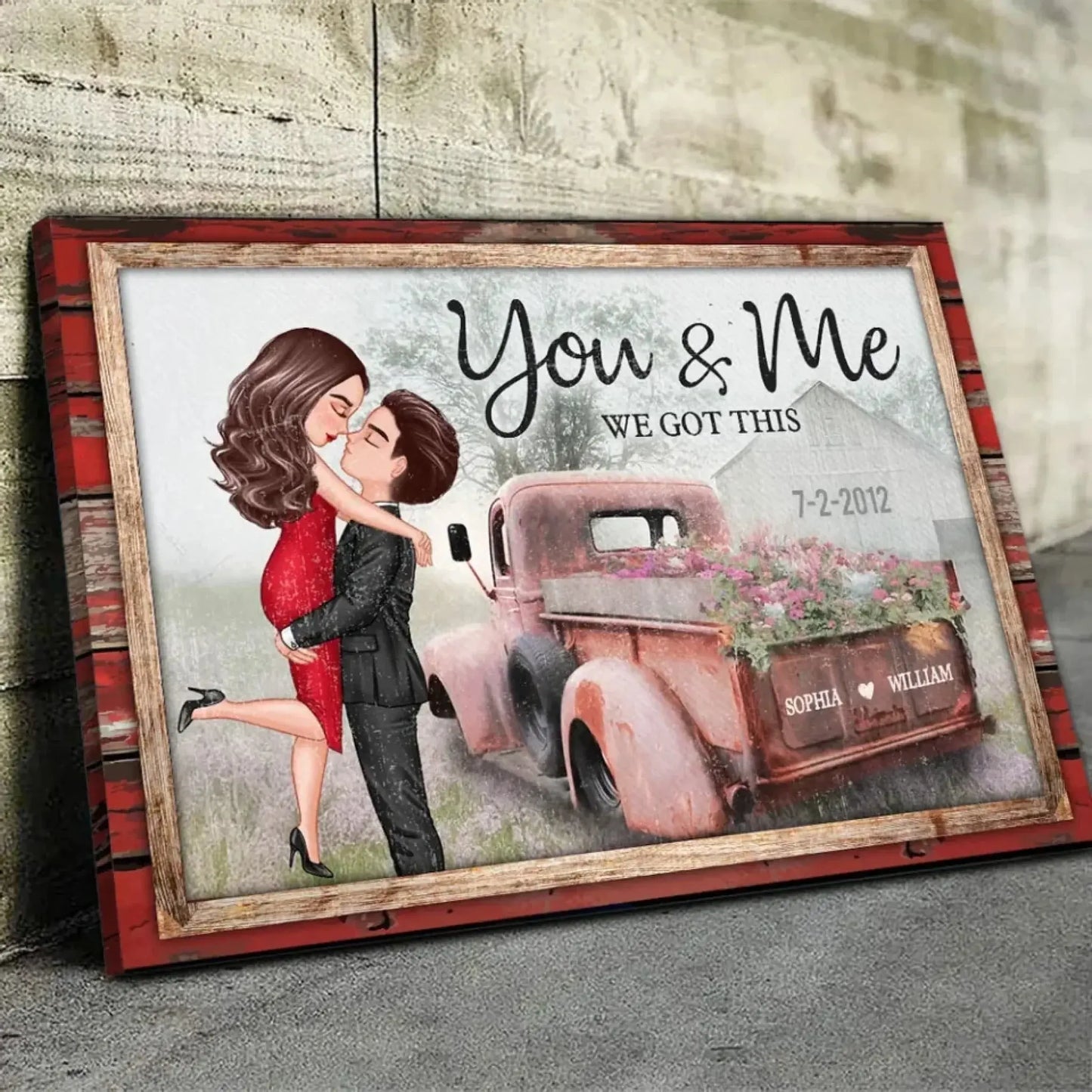 God Knew My Heart Needed You – Personalized Hugging Couple Red Truck Canvas, Romantic Farmhouse Wall Art Gift for Him or Her Ezcustomize