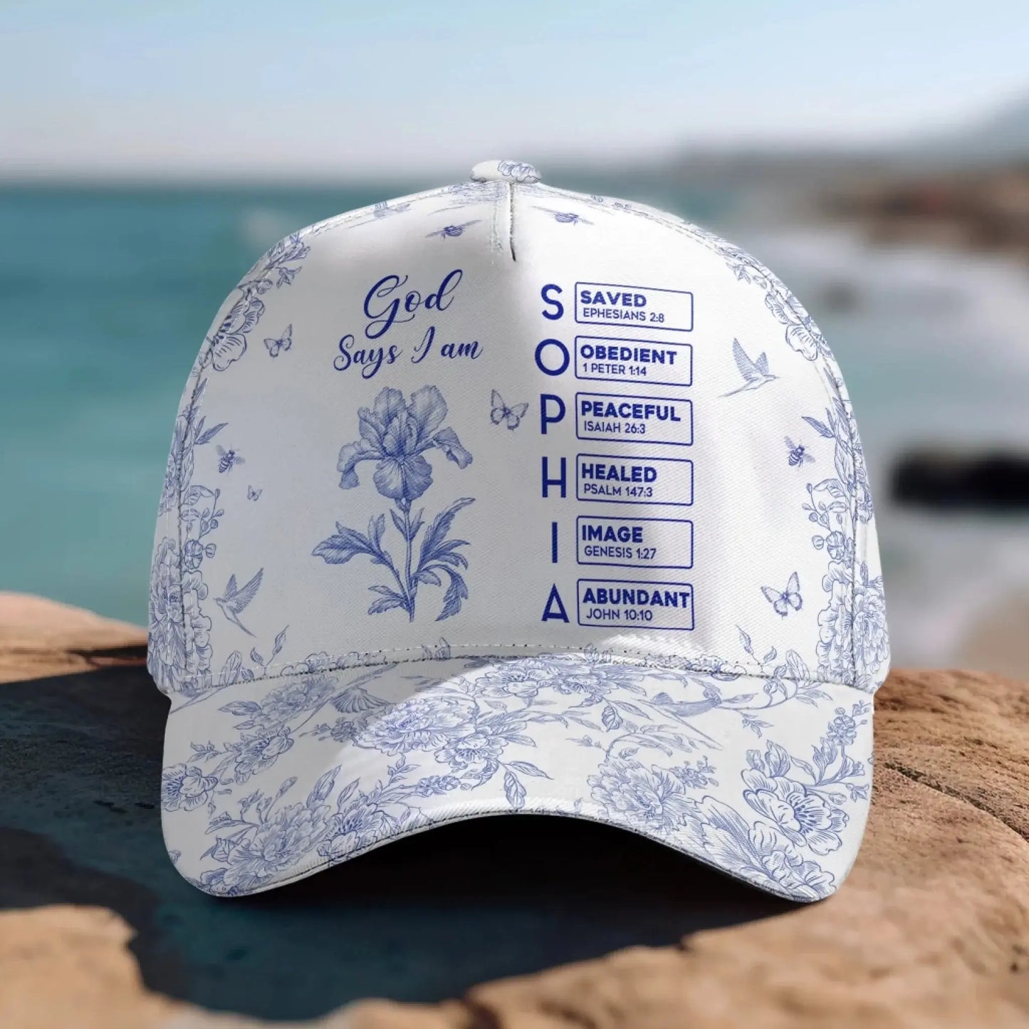 God Says I Am – Personalized Classic Cap with Name in Bible Verse Toile De Jouy Style – Christian Faith Gift for Men, Women & Loved Ones Ezcustomize