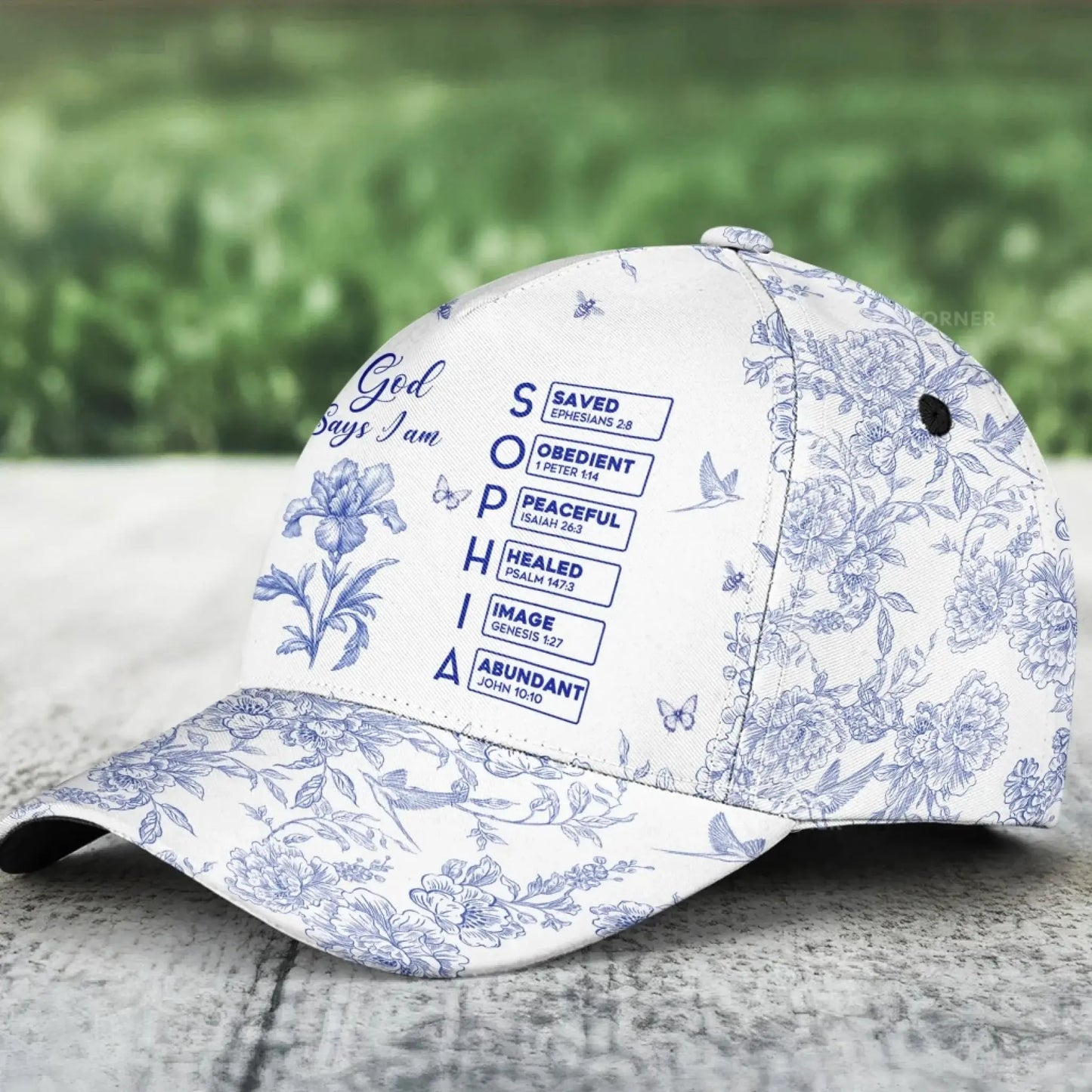 God Says I Am – Personalized Classic Cap with Name in Bible Verse Toile De Jouy Style – Christian Faith Gift for Men, Women & Loved Ones Ezcustomize