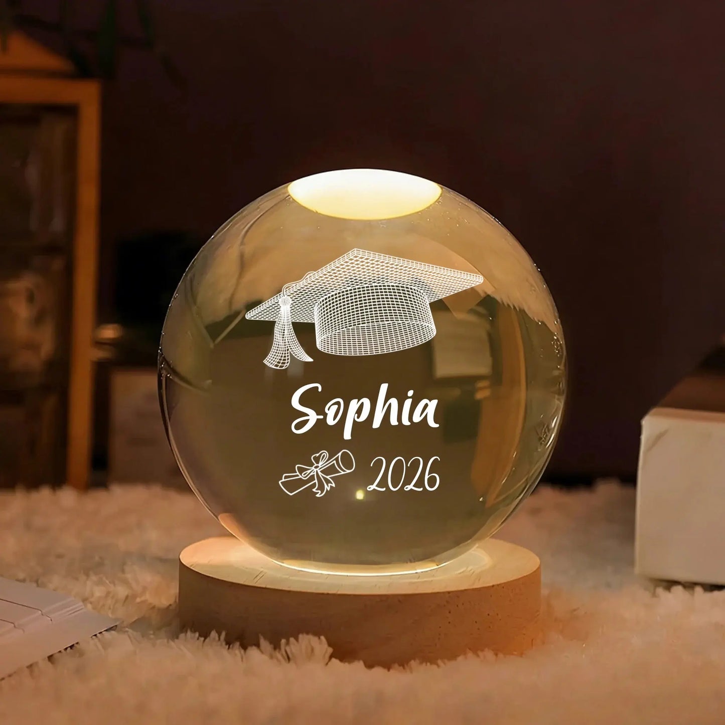 Graduation Cap 3D Illusion with Custom Name and Year - Personalized Crystal Lamp - Gift for Graduates, Sons, Daughters and Classmates