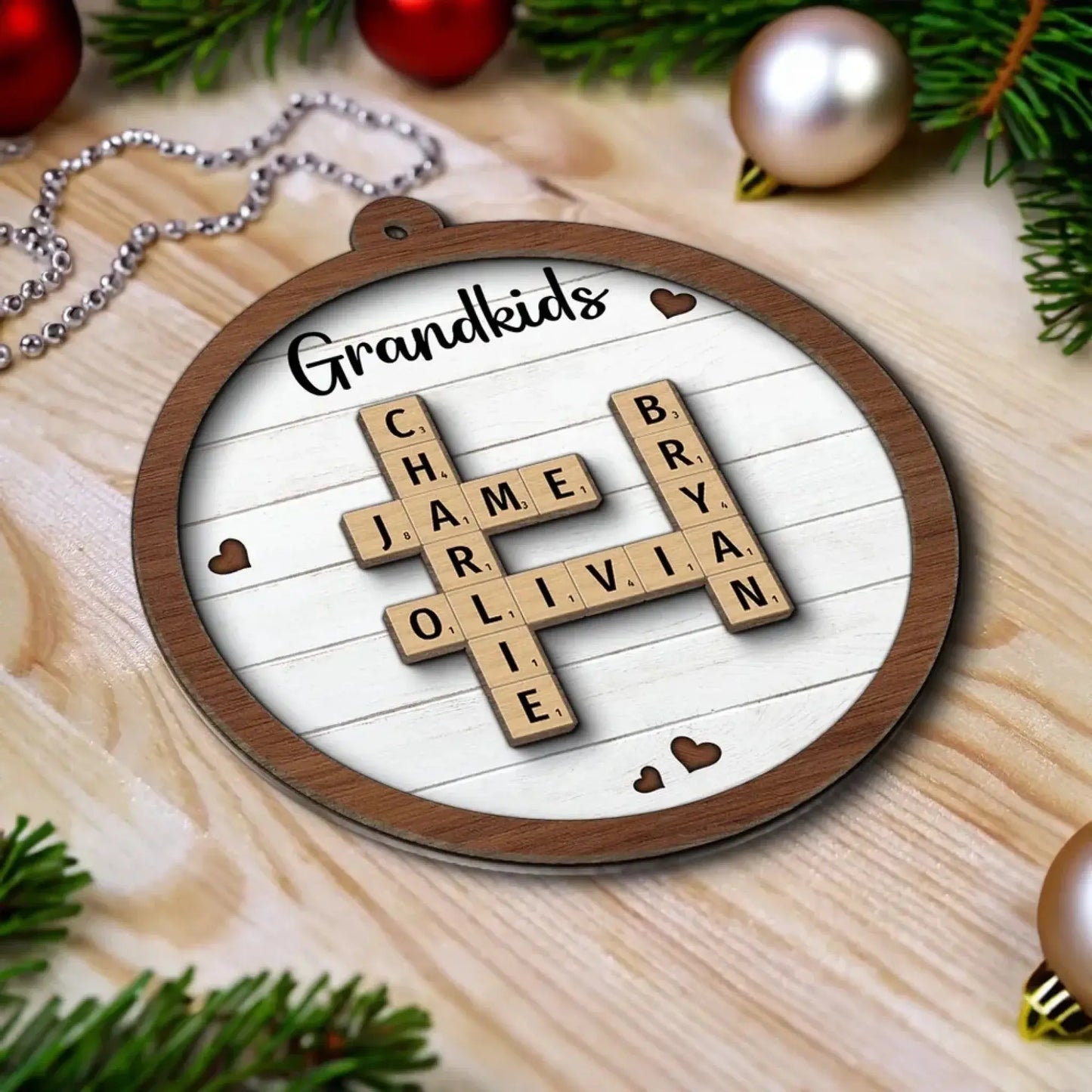 Grandkids Crossword Puzzle Art Personalized 2-Layer Wooden Ornament, Christmas Gift For Grandma, Gift For Mom Ezcustomize