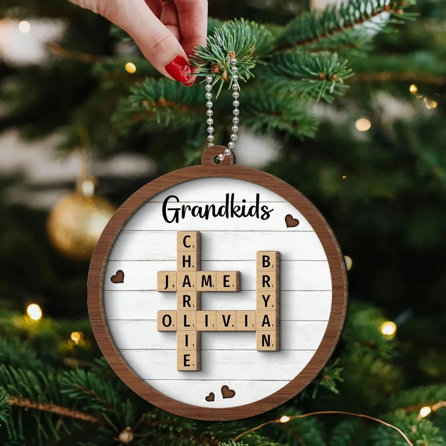 Grandkids Crossword Puzzle Art Personalized 2-Layer Wooden Ornament, Christmas Gift For Grandma, Gift For Mom Ezcustomize