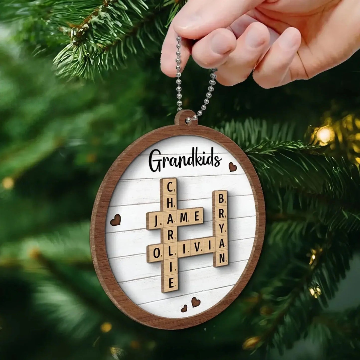Grandkids Crossword Puzzle Art Personalized 2-Layer Wooden Ornament, Christmas Gift For Grandma, Gift For Mom Ezcustomize