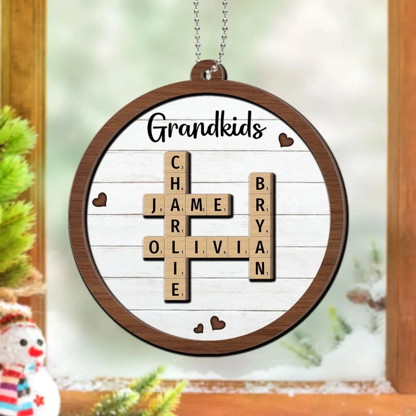 Grandkids Crossword Puzzle Art Personalized 2-Layer Wooden Ornament, Christmas Gift For Grandma, Gift For Mom Ezcustomize