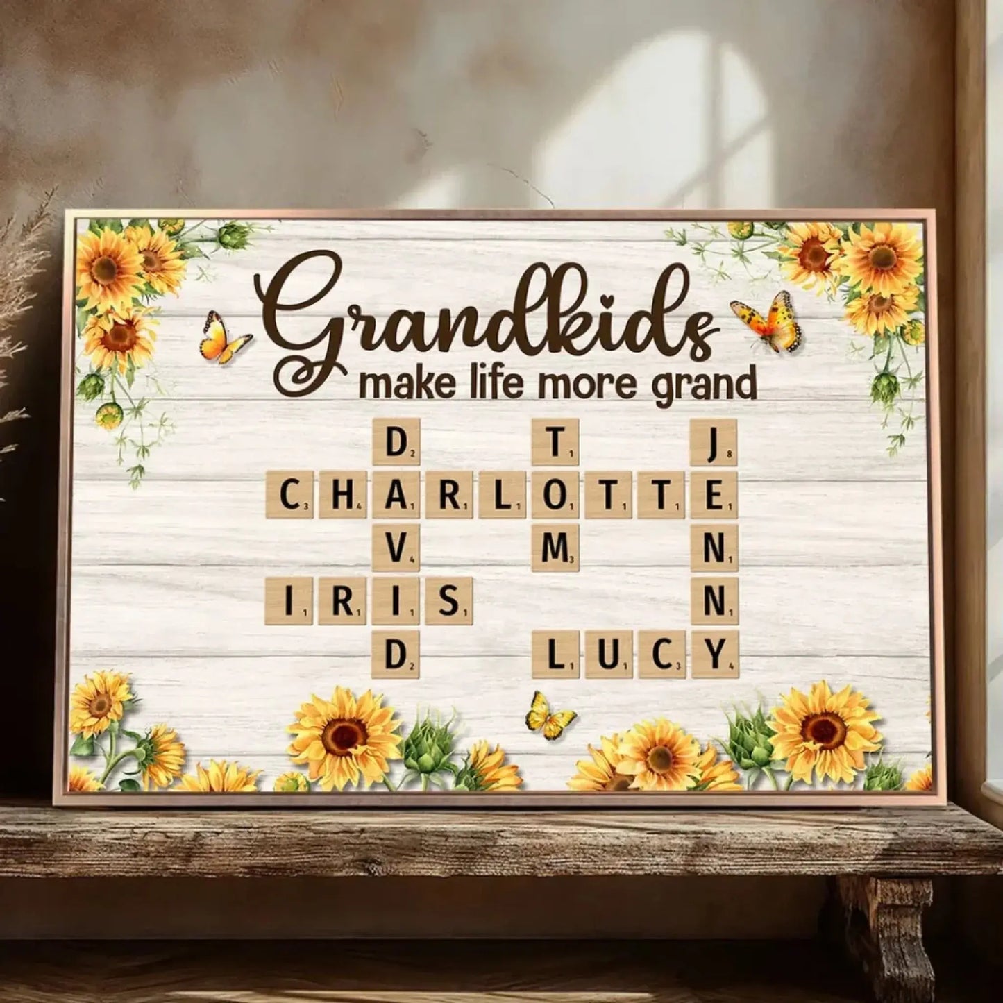 Grandkids Make Life More Grand Crossword Sunflower Design – Personalized Poster/Canvas – Heartfelt Custom Gift for Grandma Ezcustomize