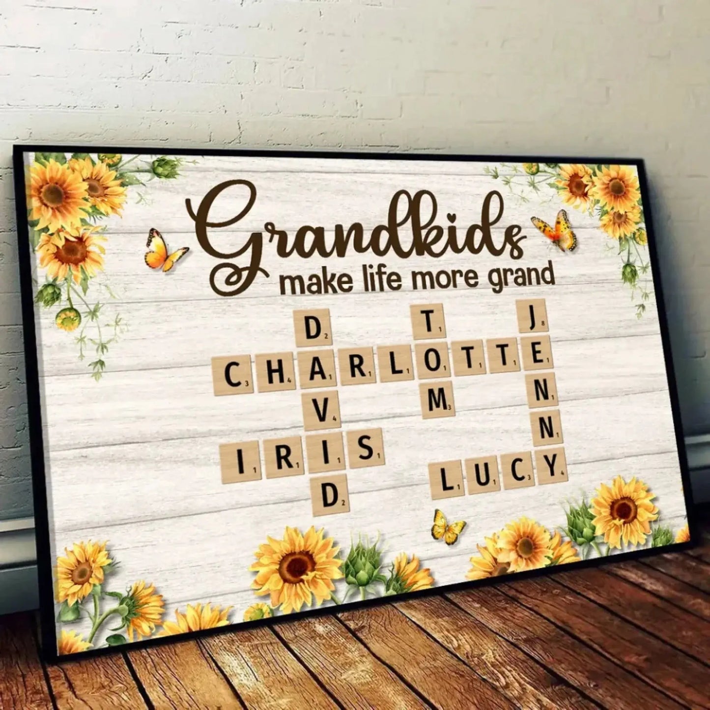 Grandkids Make Life More Grand Crossword Sunflower Design – Personalized Poster/Canvas – Heartfelt Custom Gift for Grandma Ezcustomize