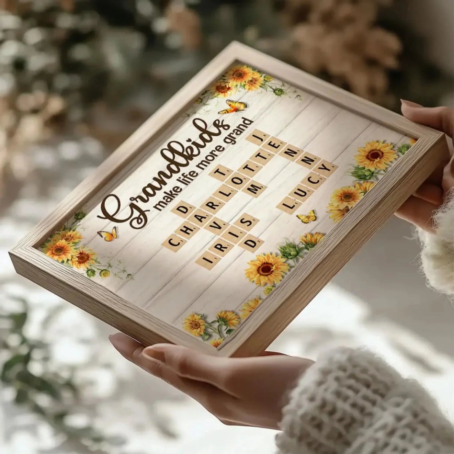 Grandkids Make Life More Grand Crossword Sunflower Design – Personalized Poster/Canvas – Heartfelt Custom Gift for Grandma Ezcustomize