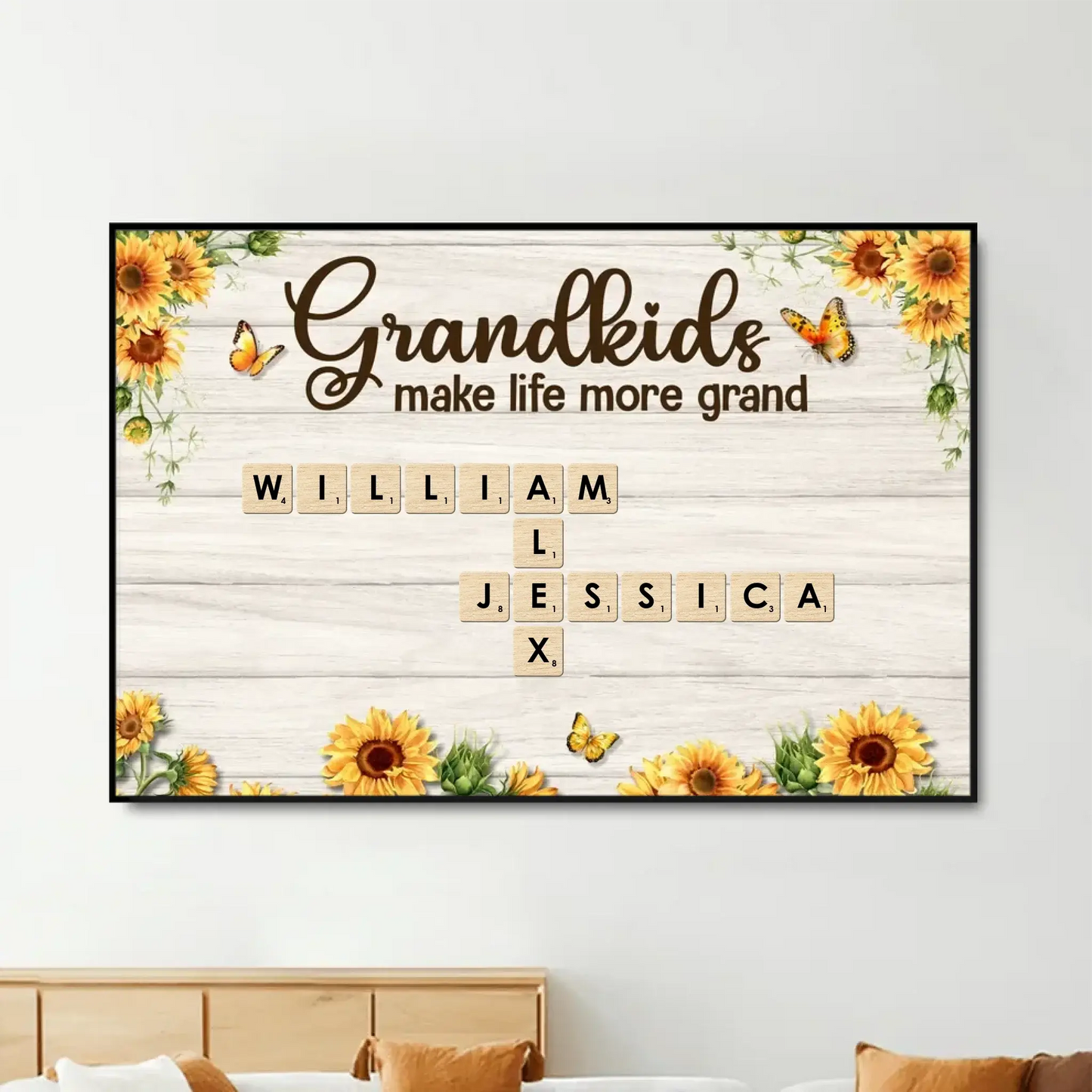 Grandkids Make Life More Grand Crossword Sunflower Design – Personalized Poster/Canvas – Heartfelt Custom Gift for Grandma Ezcustomize