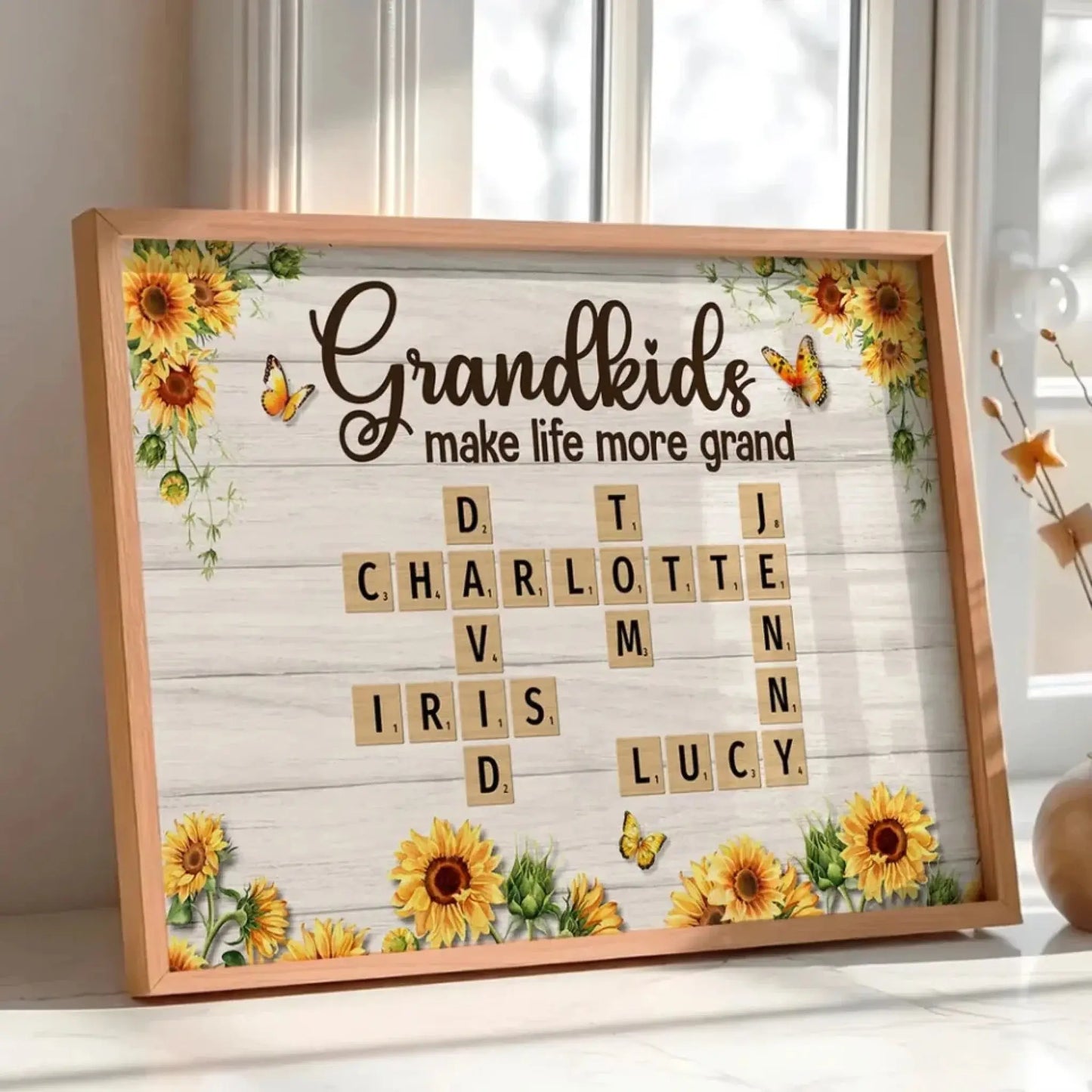 Grandkids Make Life More Grand Crossword Sunflower Design – Personalized Poster/Canvas – Heartfelt Custom Gift for Grandma Ezcustomize