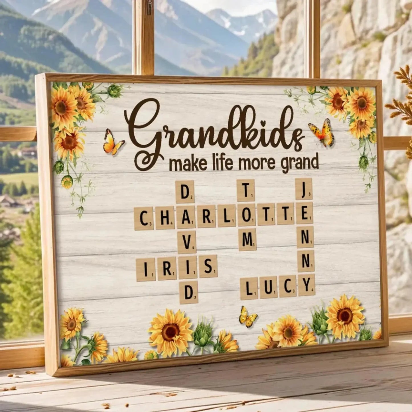 Grandkids Make Life More Grand Crossword Sunflower Design – Personalized Poster/Canvas – Heartfelt Custom Gift for Grandma Ezcustomize