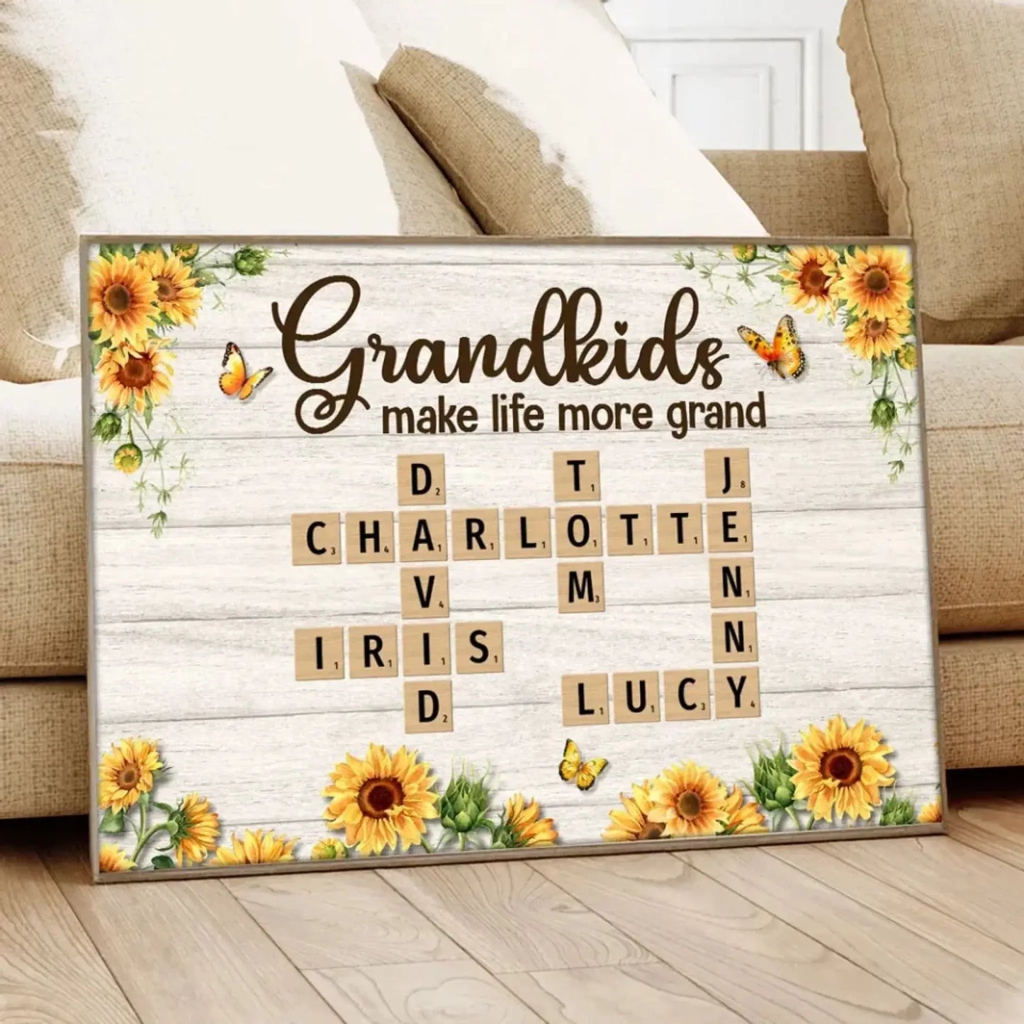 Grandkids Make Life More Grand Crossword Sunflower Design – Personalized Poster/Canvas – Heartfelt Custom Gift for Grandma Ezcustomize