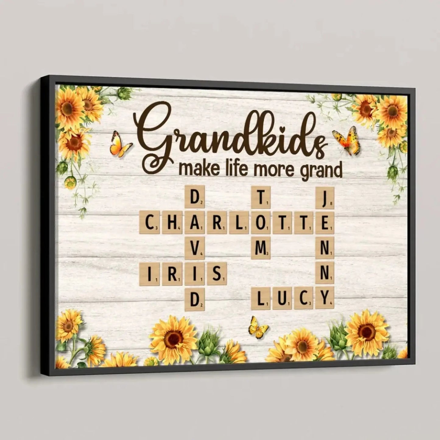 Grandkids Make Life More Grand Crossword Sunflower Design – Personalized Poster/Canvas – Heartfelt Custom Gift for Grandma Ezcustomize