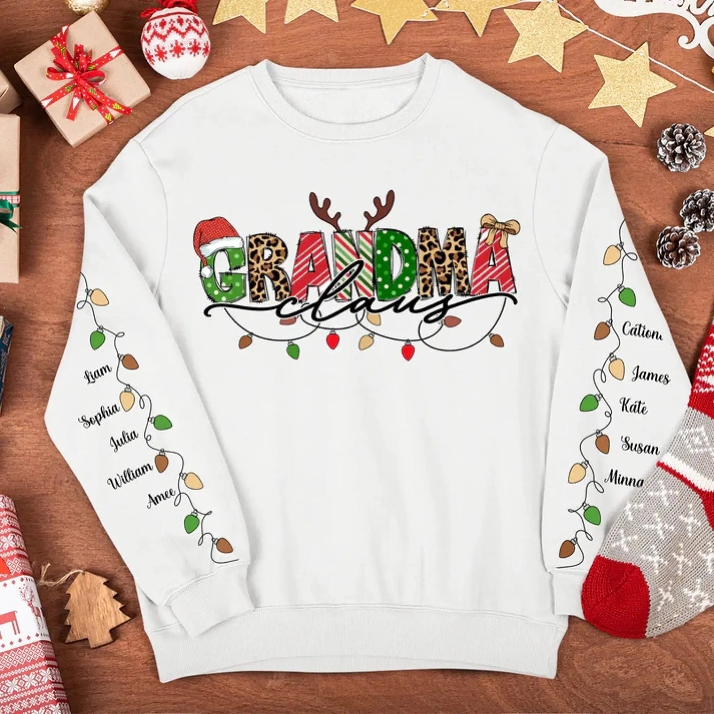 Grandma Claus Sweatshirt with Kids’ Names on Sleeves – Personalized Christmas Lights Sweater for Grandma, Nana, Mama Ezcustomize