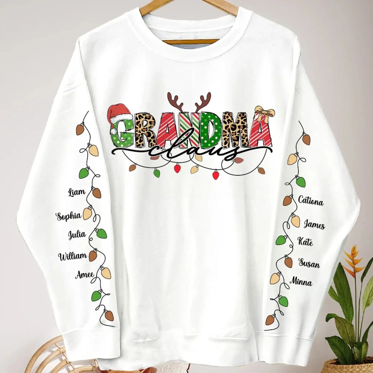 Grandma Claus Sweatshirt with Kids’ Names on Sleeves – Personalized Christmas Lights Sweater for Grandma, Nana, Mama Ezcustomize