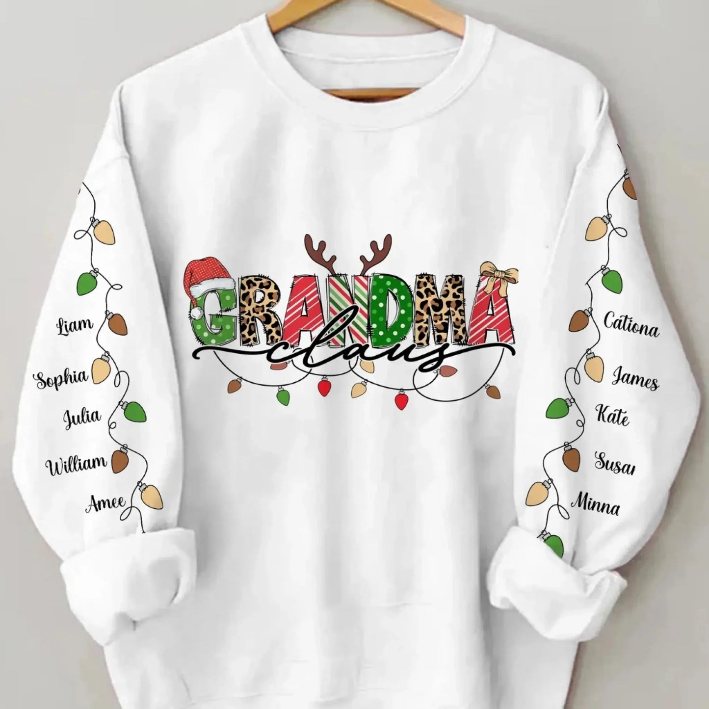Grandma Claus Sweatshirt with Kids’ Names on Sleeves – Personalized Christmas Lights Sweater for Grandma, Nana, Mama Ezcustomize