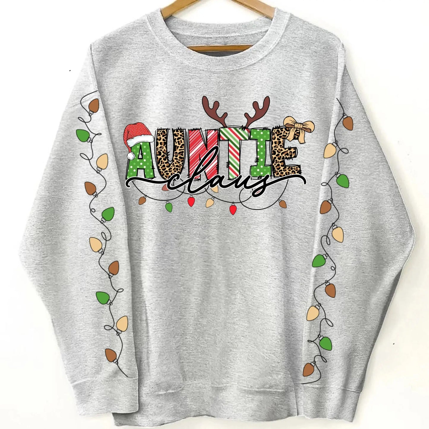 Grandma Claus Sweatshirt with Kids’ Names on Sleeves – Personalized Christmas Lights Sweater for Grandma, Nana, Mama Ezcustomize
