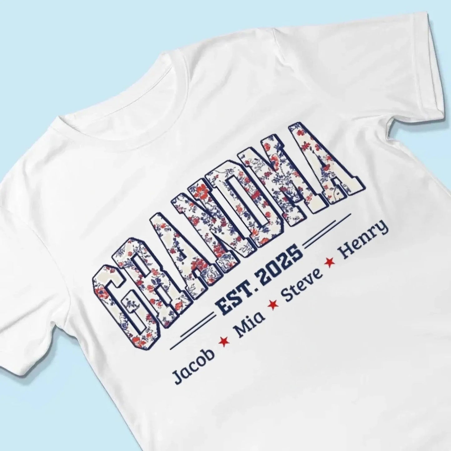 Grandma Est. Shirt – Personalized Floral Patriotic T-Shirt with Grandkids’ Names, 4th of July Gift for Nana, Mimi, Mom, Grandma Ezcustomize