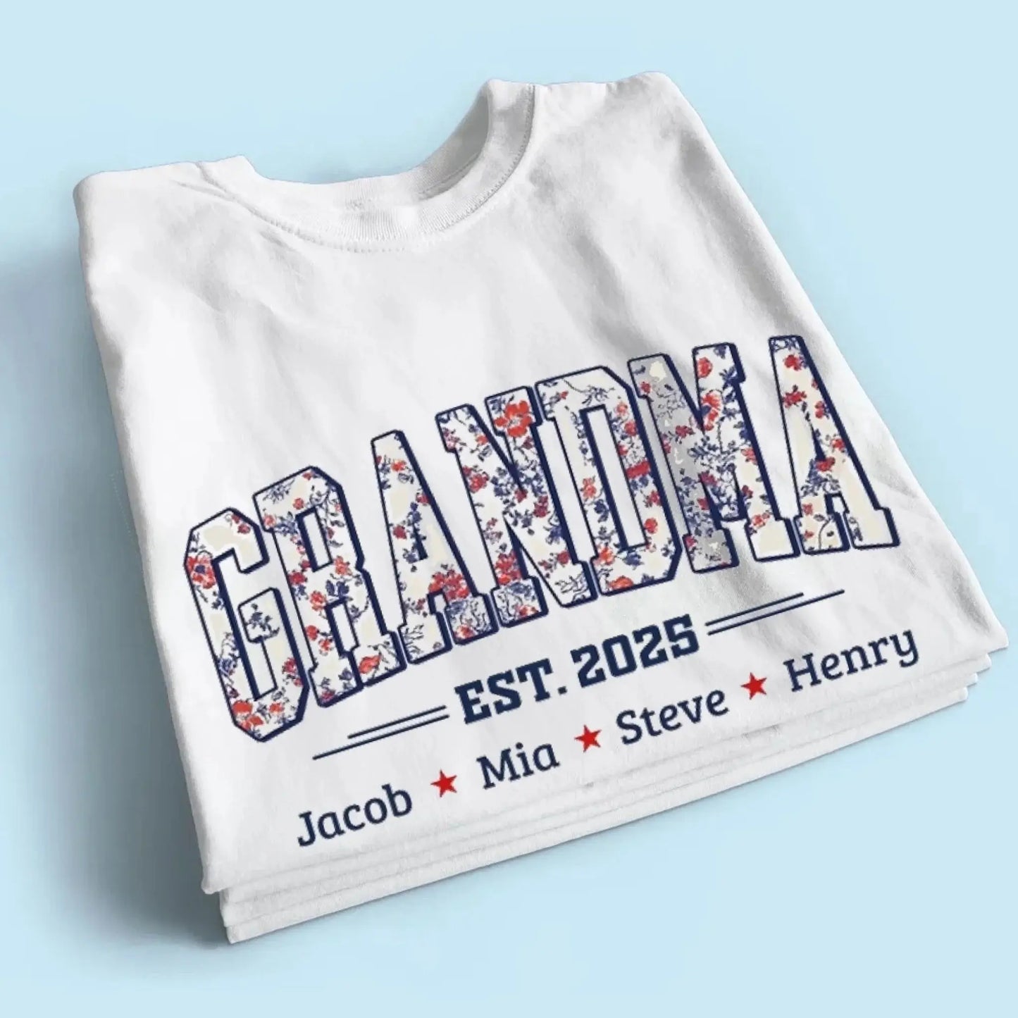 Grandma Est. Shirt – Personalized Floral Patriotic T-Shirt with Grandkids’ Names, 4th of July Gift for Nana, Mimi, Mom, Grandma Ezcustomize