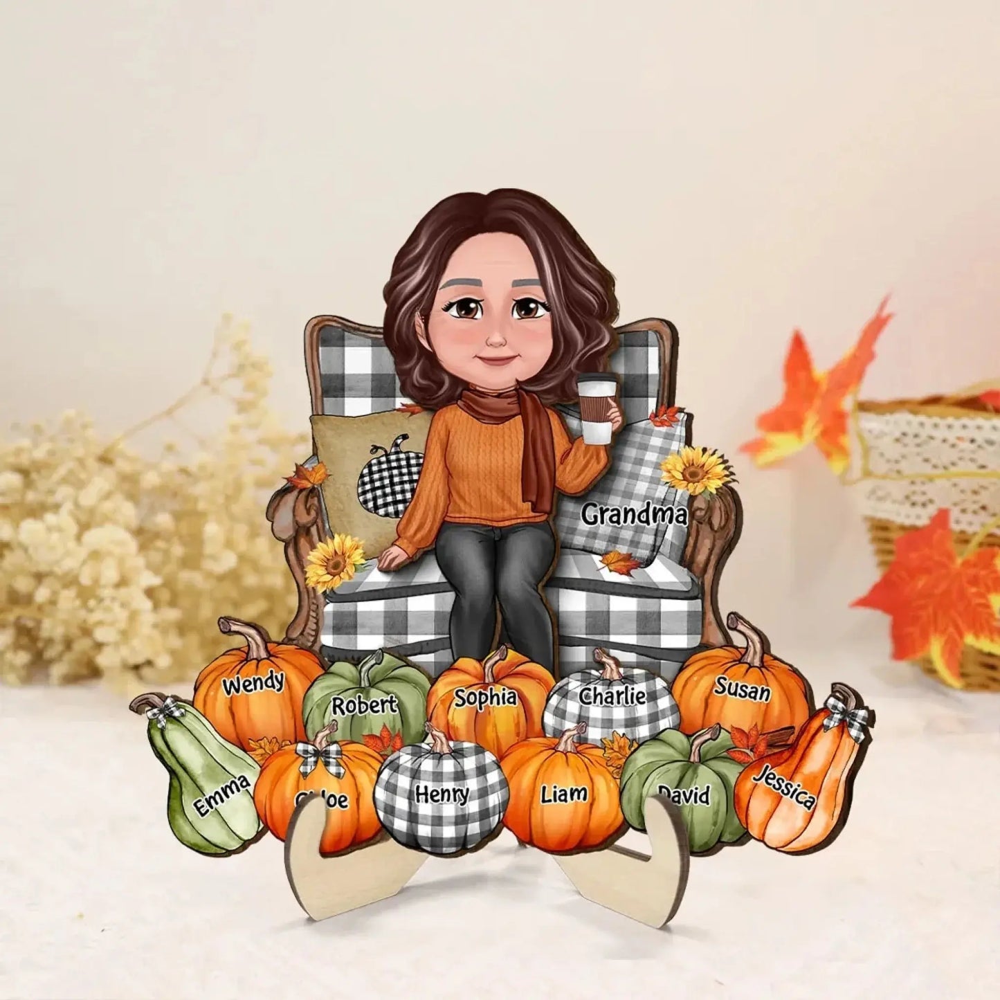 Grandma Sitting with Pumpkins on Chair – Personalized 2-Layer Wooden Plaque – Cozy Fall Season Decor & Gift for Grandma or Nana Ezcustomize