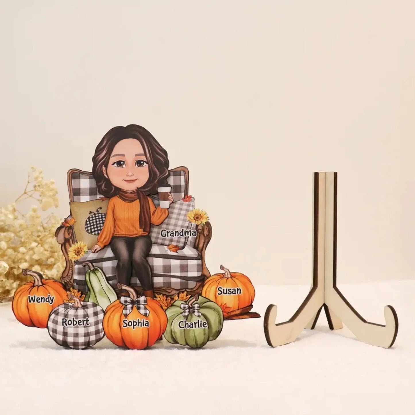 Grandma Sitting with Pumpkins on Chair – Personalized 2-Layer Wooden Plaque – Cozy Fall Season Decor & Gift for Grandma or Nana Ezcustomize