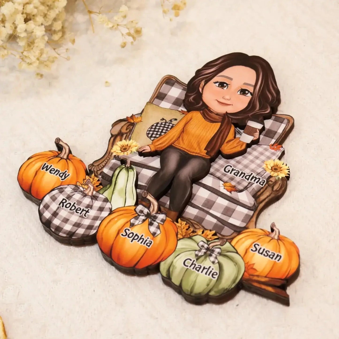 Grandma Sitting with Pumpkins on Chair – Personalized 2-Layer Wooden Plaque – Cozy Fall Season Decor & Gift for Grandma or Nana Ezcustomize