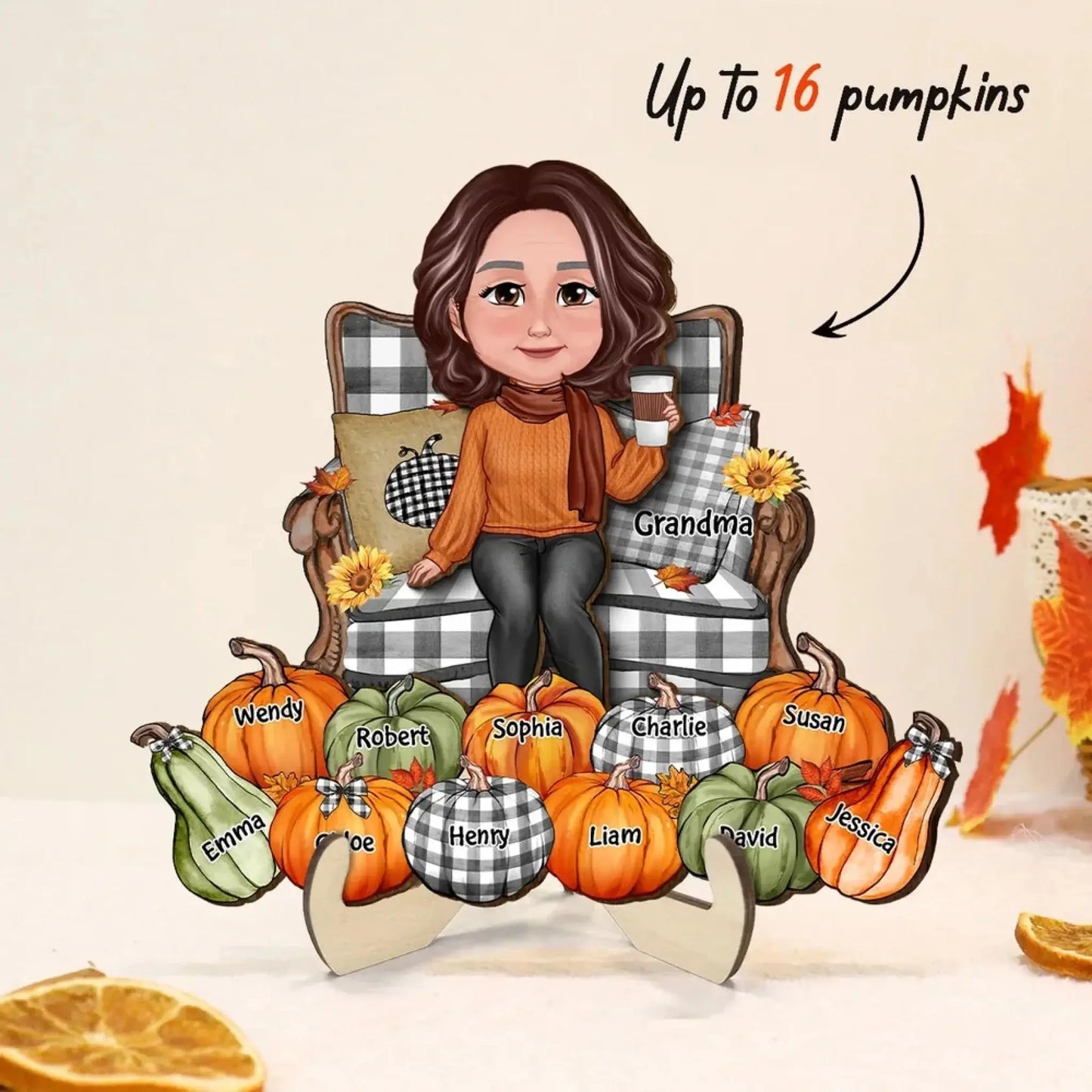 Grandma Sitting with Pumpkins on Chair – Personalized 2-Layer Wooden Plaque – Cozy Fall Season Decor & Gift for Grandma or Nana Ezcustomize