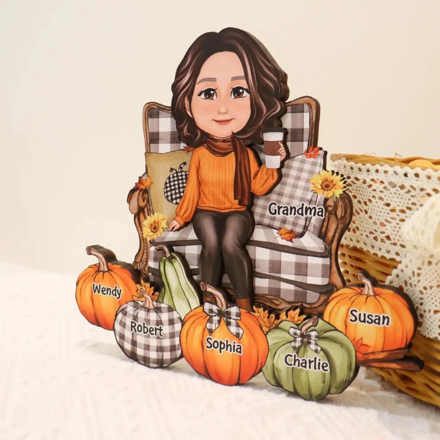 Grandma Sitting with Pumpkins on Chair – Personalized 2-Layer Wooden Plaque – Cozy Fall Season Decor & Gift for Grandma or Nana Ezcustomize
