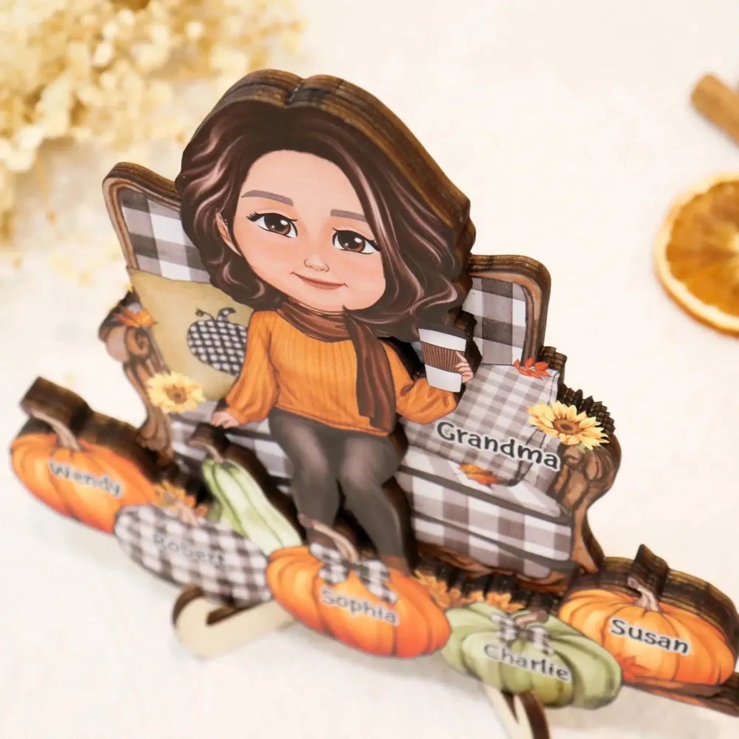 Grandma Sitting with Pumpkins on Chair – Personalized 2-Layer Wooden Plaque – Cozy Fall Season Decor & Gift for Grandma or Nana Ezcustomize