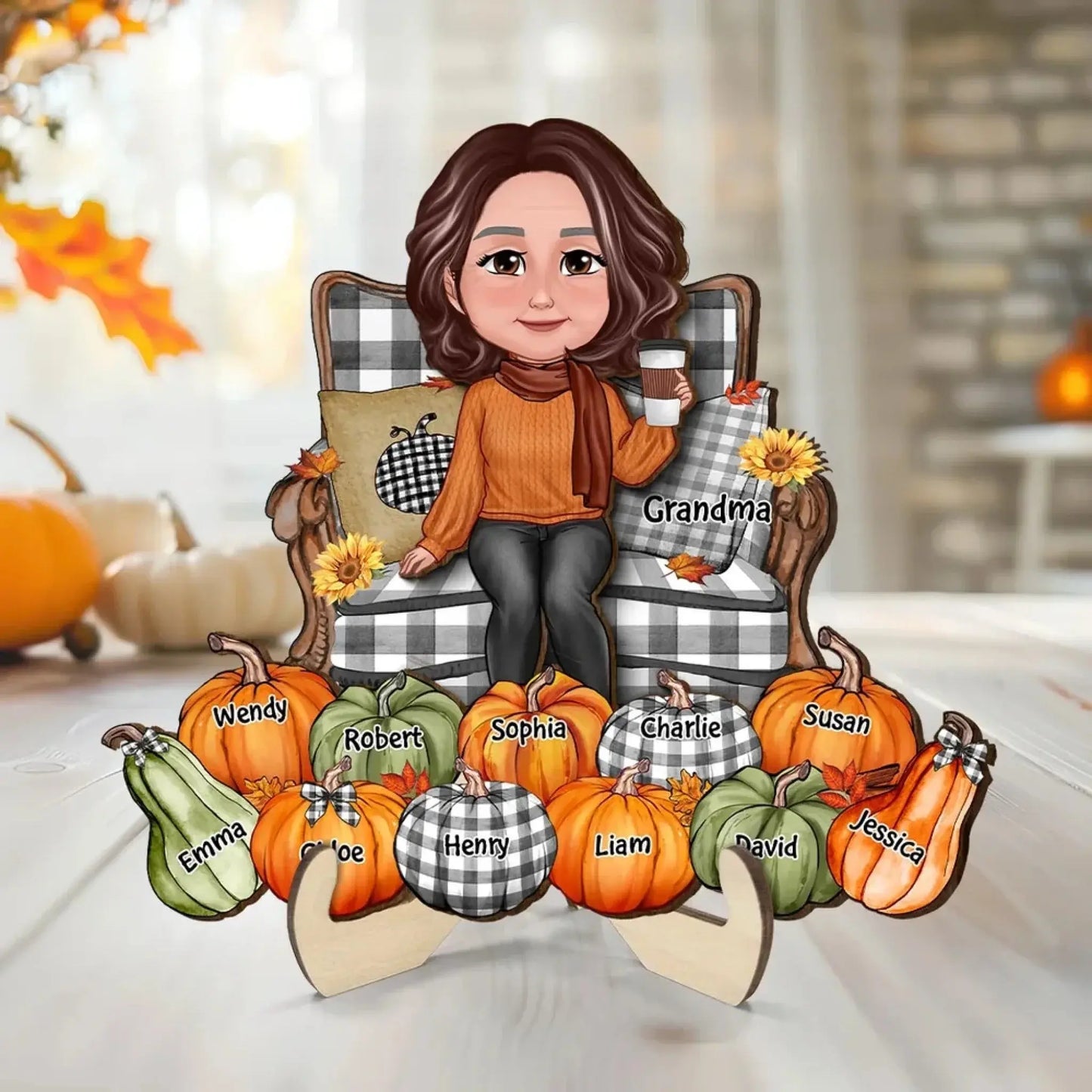 Grandma Sitting with Pumpkins on Chair – Personalized 2-Layer Wooden Plaque – Cozy Fall Season Decor & Gift for Grandma or Nana Ezcustomize