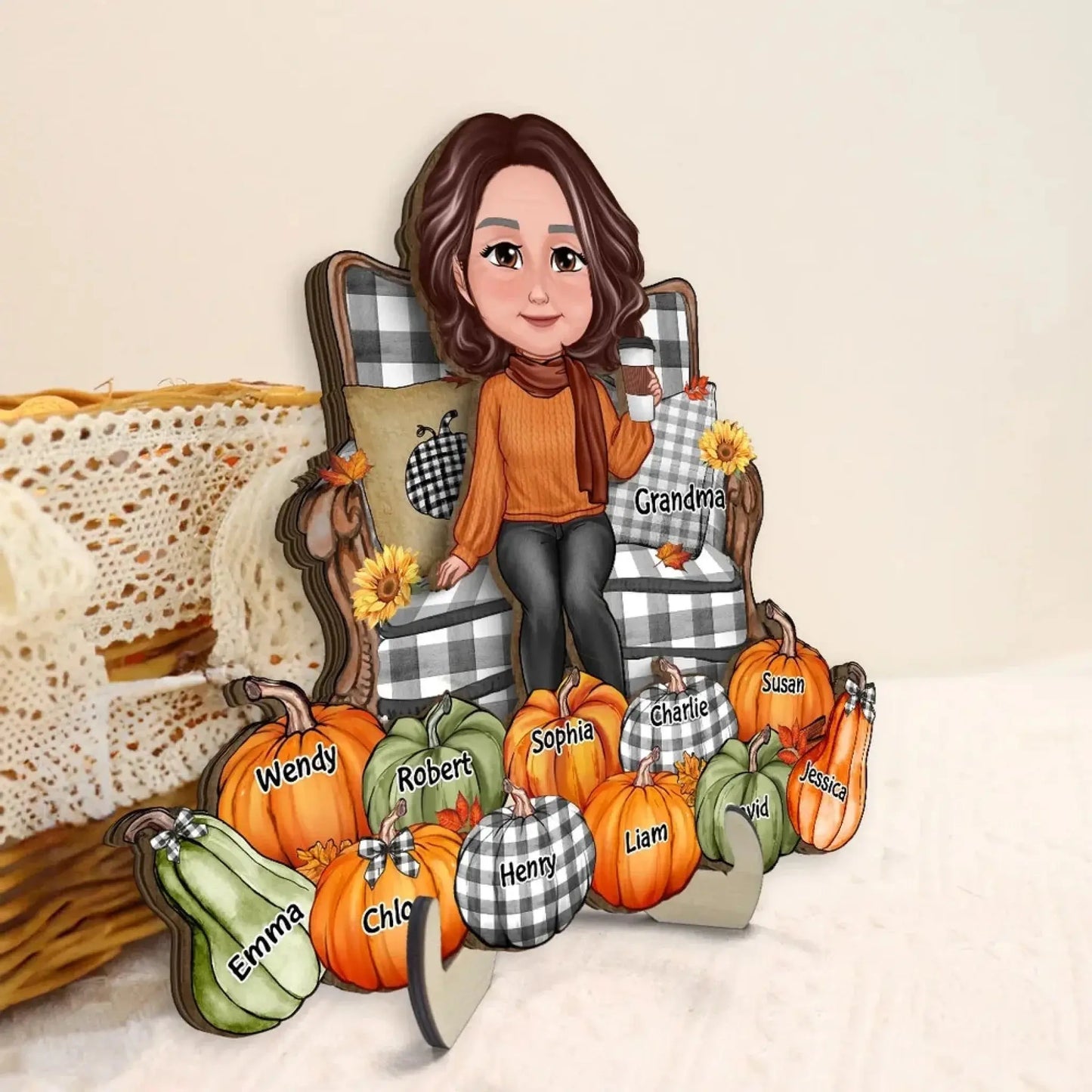 Grandma Sitting with Pumpkins on Chair – Personalized 2-Layer Wooden Plaque – Cozy Fall Season Decor & Gift for Grandma or Nana Ezcustomize