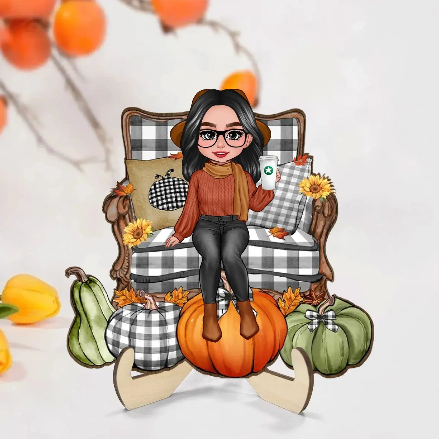 Grandma Sitting with Pumpkins on Chair – Personalized 2-Layer Wooden Plaque – Cozy Fall Season Decor & Gift for Grandma or Nana Ezcustomize