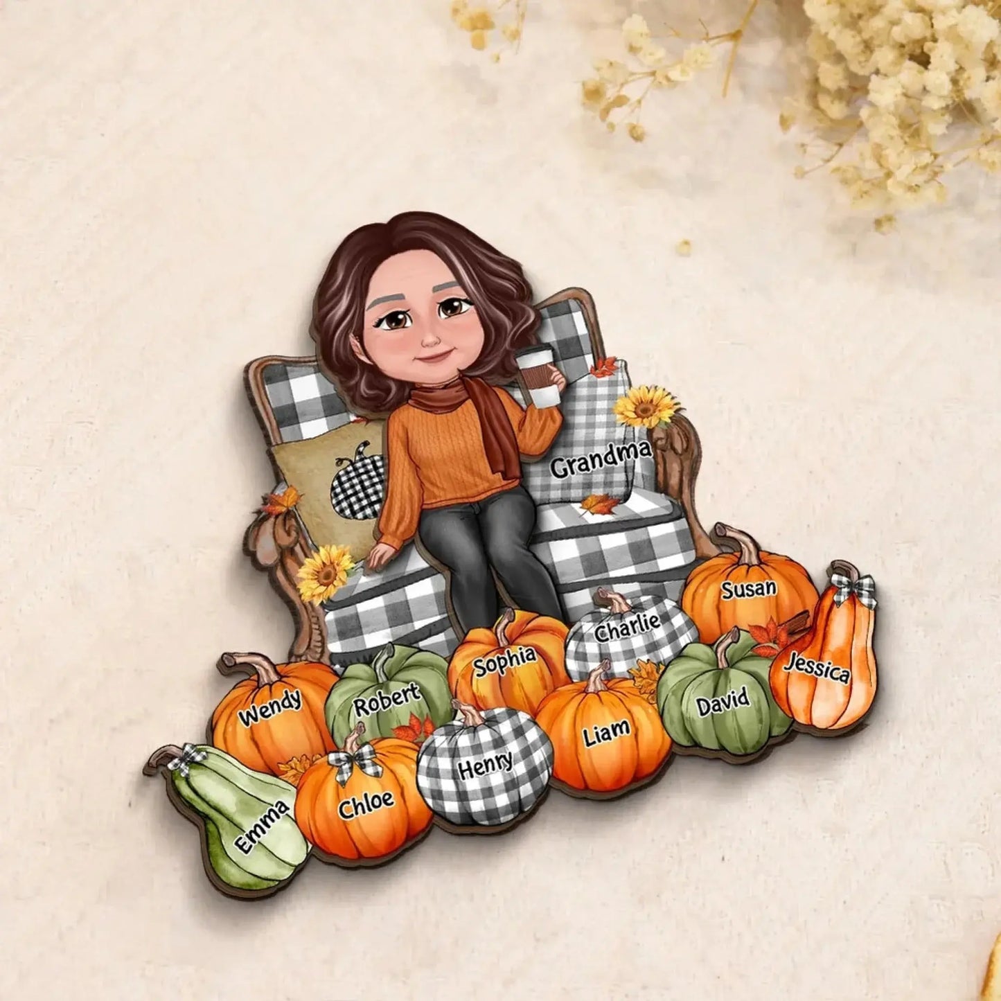 Grandma Sitting with Pumpkins on Chair – Personalized 2-Layer Wooden Plaque – Cozy Fall Season Decor & Gift for Grandma or Nana Ezcustomize
