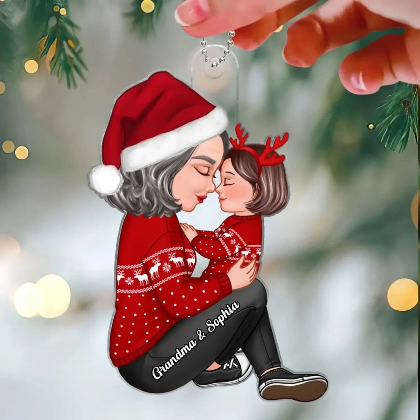 Grandma & Grandkid Hugging Ornament – Custom Side View Acrylic Christmas Gift for Grandmother and Child Ezcustomize