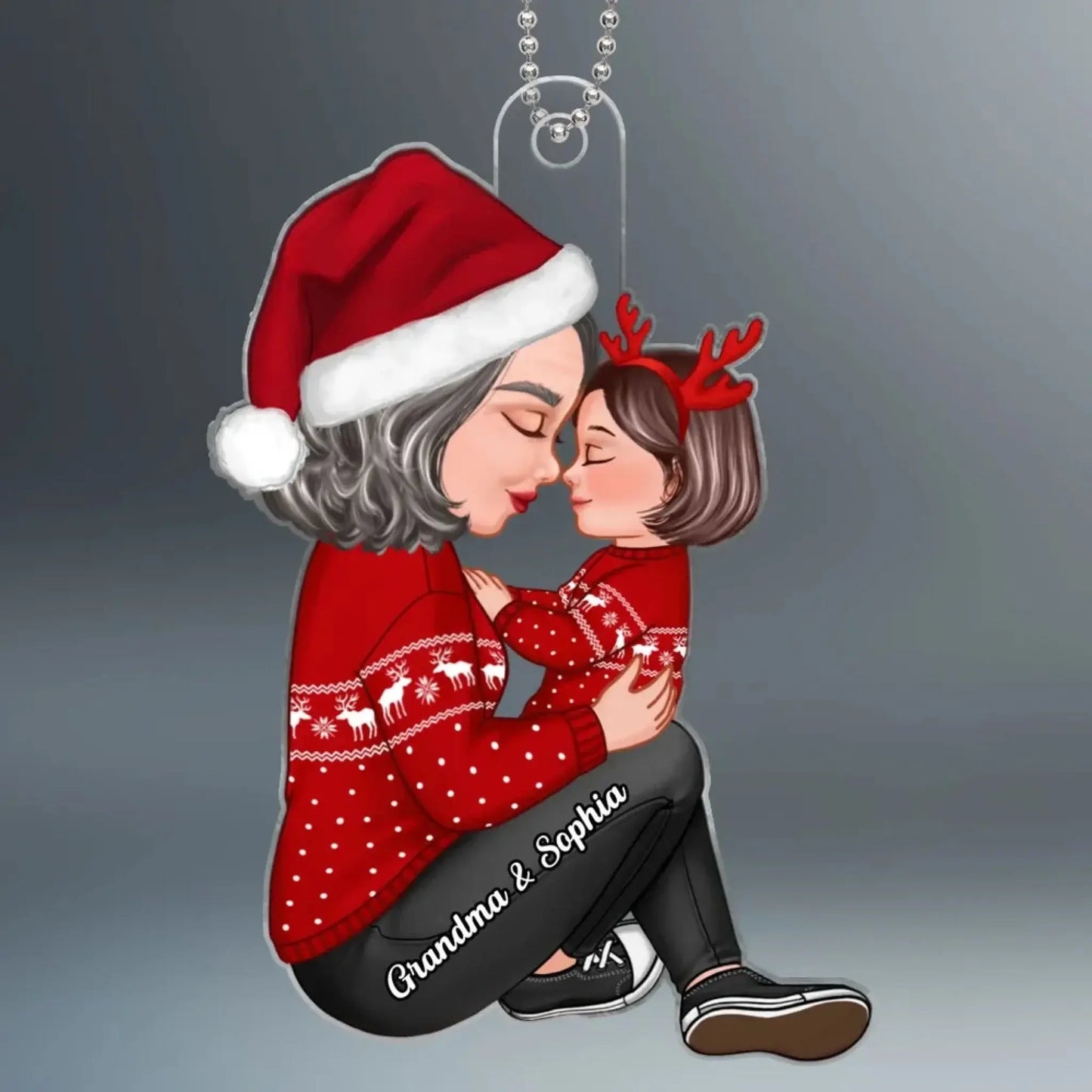 Grandma & Grandkid Hugging Ornament – Custom Side View Acrylic Christmas Gift for Grandmother and Child Ezcustomize