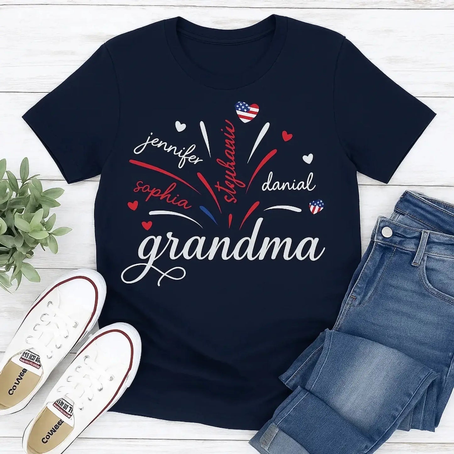 Grandma & Kids Firework Shirt – Personalized Patriotic T-Shirt – Custom 4th of July Gift with American Theme for Grandma or Nana Ezcustomize