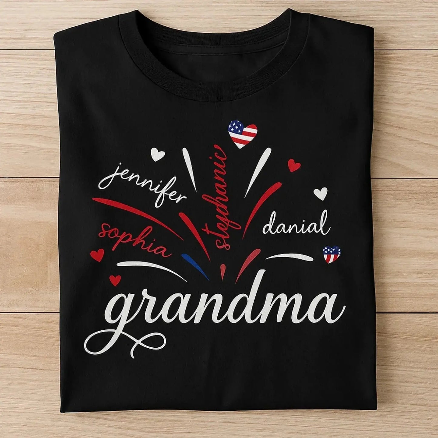 Grandma & Kids Firework Shirt – Personalized Patriotic T-Shirt – Custom 4th of July Gift with American Theme for Grandma or Nana Ezcustomize