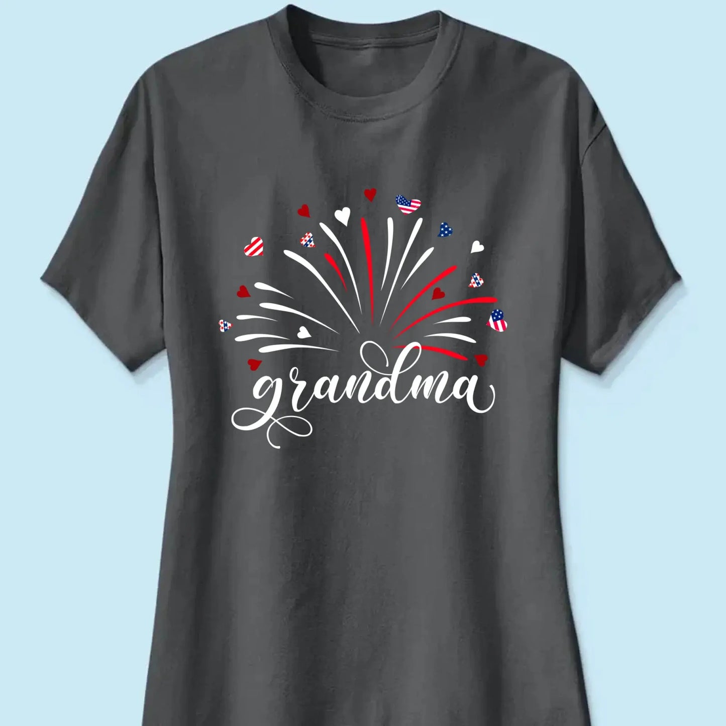 Grandma & Kids Firework Shirt – Personalized Patriotic T-Shirt – Custom 4th of July Gift with American Theme for Grandma or Nana Ezcustomize