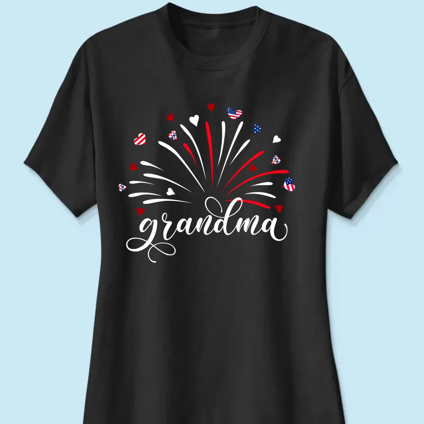 Grandma & Kids Firework Shirt – Personalized Patriotic T-Shirt – Custom 4th of July Gift with American Theme for Grandma or Nana Ezcustomize