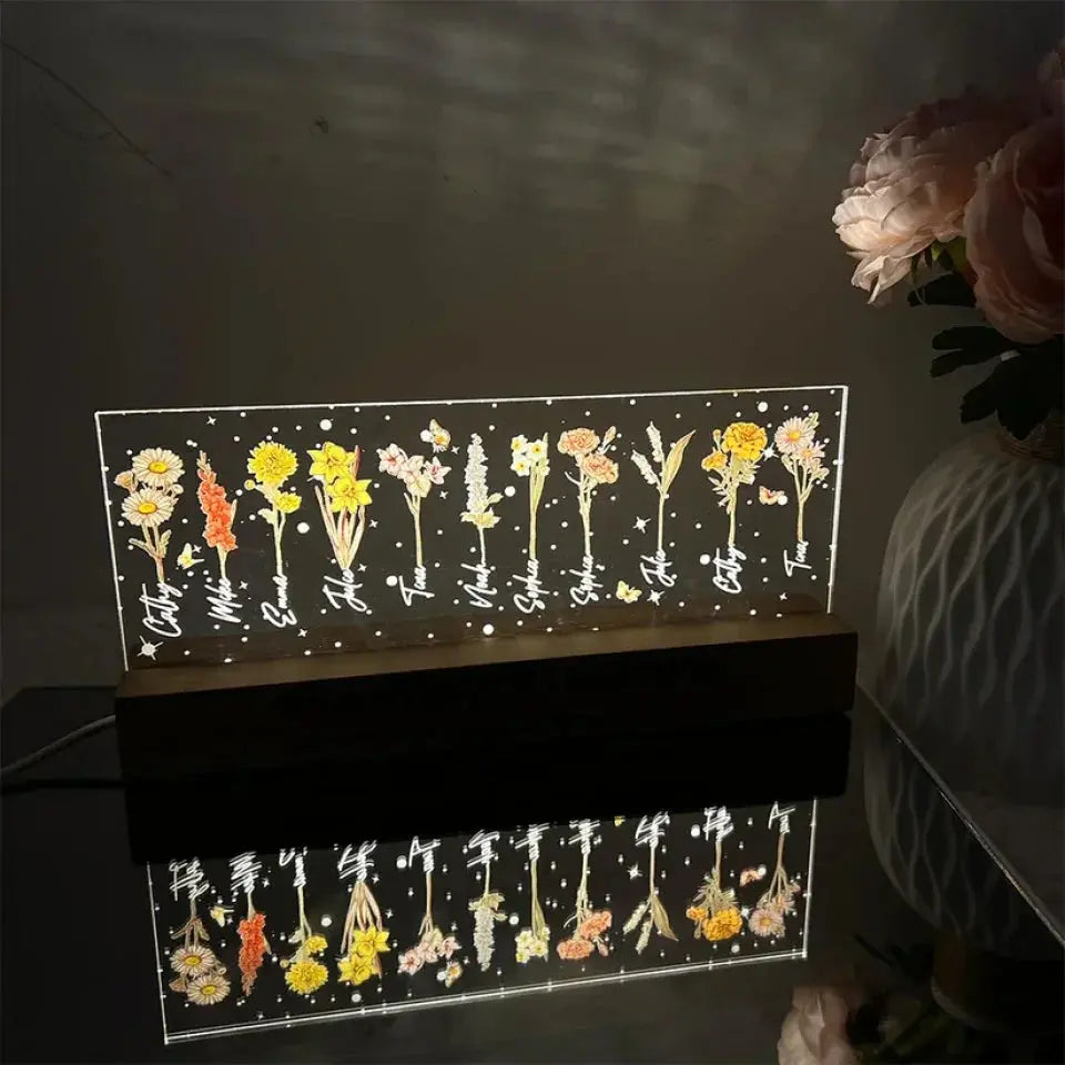 Grandma‘s Garden Birth Month Flowers Personalized Acrylic Block LED Night Light, Christmas Gift For Grandma, Mom, Auntie, Sister Ezcustomize
