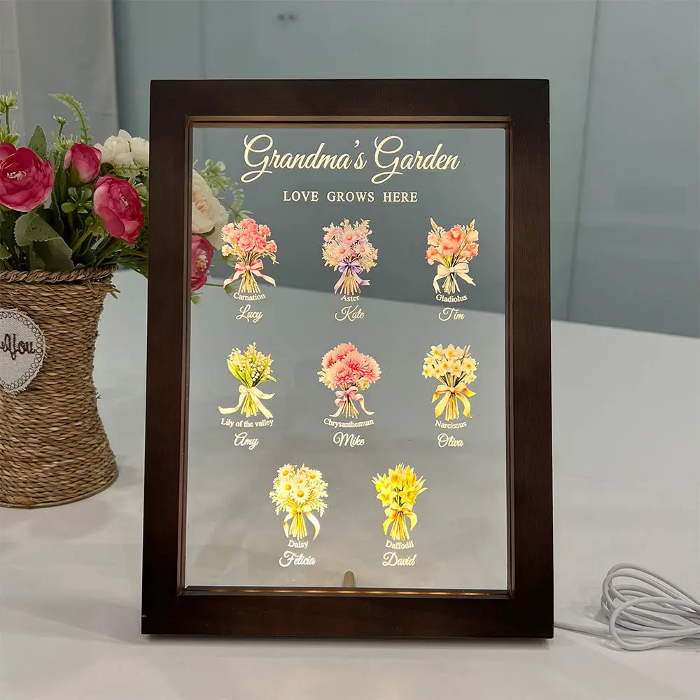 Grandma‘s Garden Birth Month Flowers Personalized Frame Lamp, Christmas Gift For Grandma, Mom, Auntie, Sister Ezcustomize