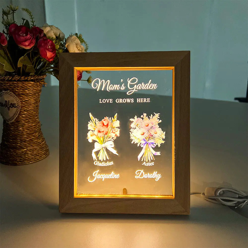 Grandma‘s Garden Birth Month Flowers Personalized Frame Lamp, Christmas Gift For Grandma, Mom, Auntie, Sister Ezcustomize