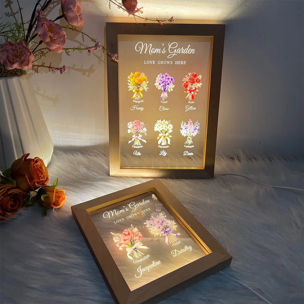 Grandma‘s Garden Birth Month Flowers Personalized Frame Lamp, Christmas Gift For Grandma, Mom, Auntie, Sister Ezcustomize