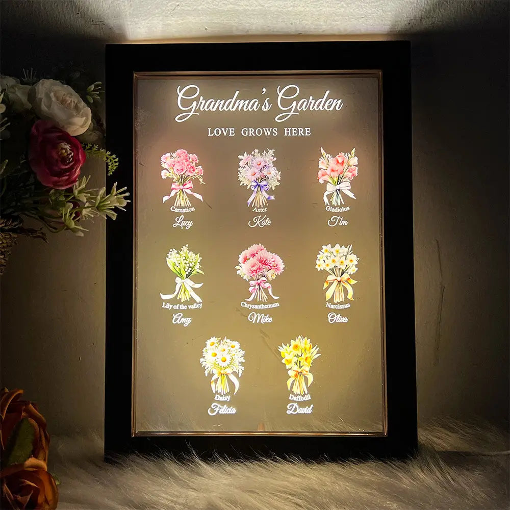 Grandma‘s Garden Birth Month Flowers Personalized Frame Lamp, Christmas Gift For Grandma, Mom, Auntie, Sister Ezcustomize