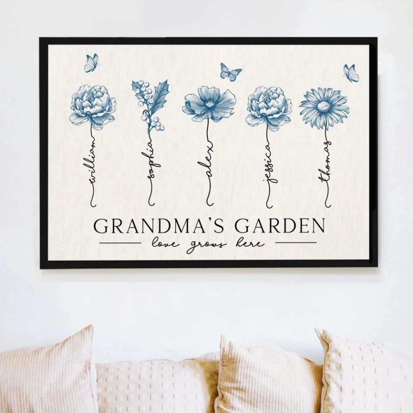 Grandma’s Garden Blue Edition – Personalized Birth Month Flower Poster/Canvas, Vintage Floral Poster Gift for Grandma, Mother’s Day Present Ezcustomize