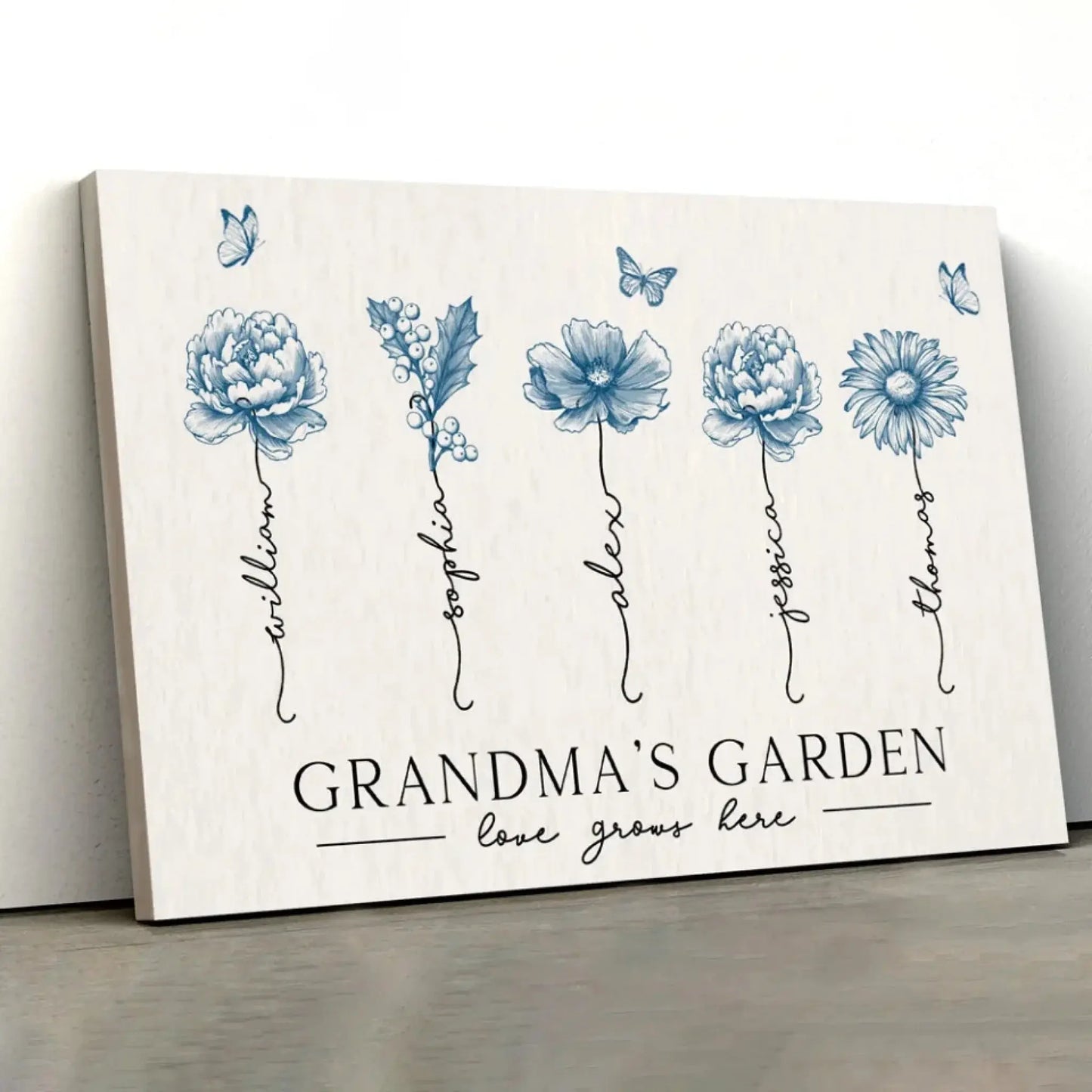 Grandma’s Garden Blue Edition – Personalized Birth Month Flower Poster/Canvas, Vintage Floral Poster Gift for Grandma, Mother’s Day Present Ezcustomize