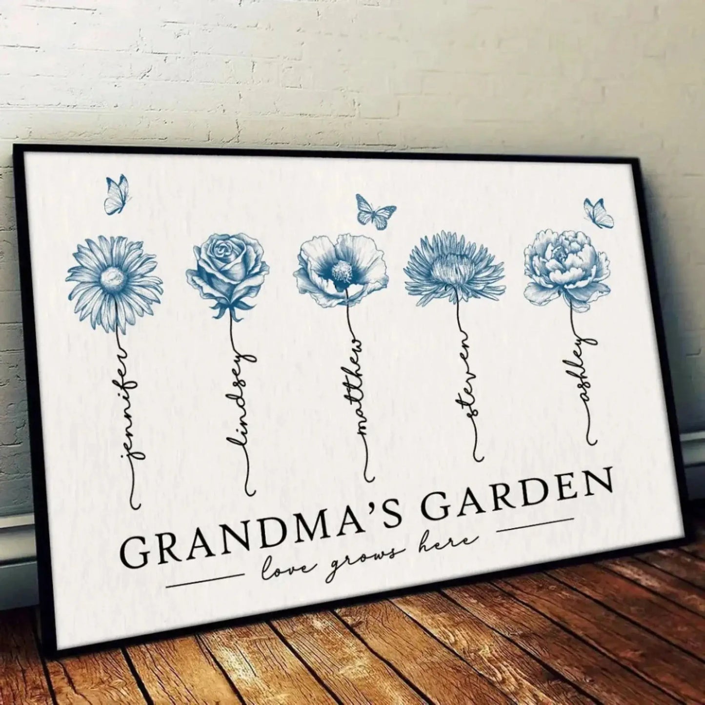 Grandma’s Garden Blue Edition – Personalized Birth Month Flower Poster/Canvas, Vintage Floral Poster Gift for Grandma, Mother’s Day Present Ezcustomize