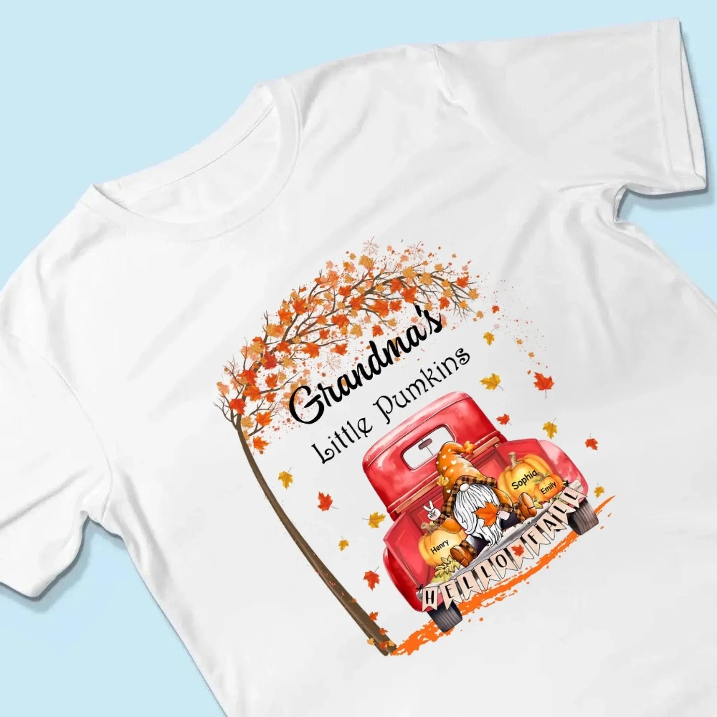 Grandma’s Little Pumpkins Shirt – Personalized Fall Gift with Kids’ Names – Custom Thanksgiving T-Shirt for Grandma Ezcustomize