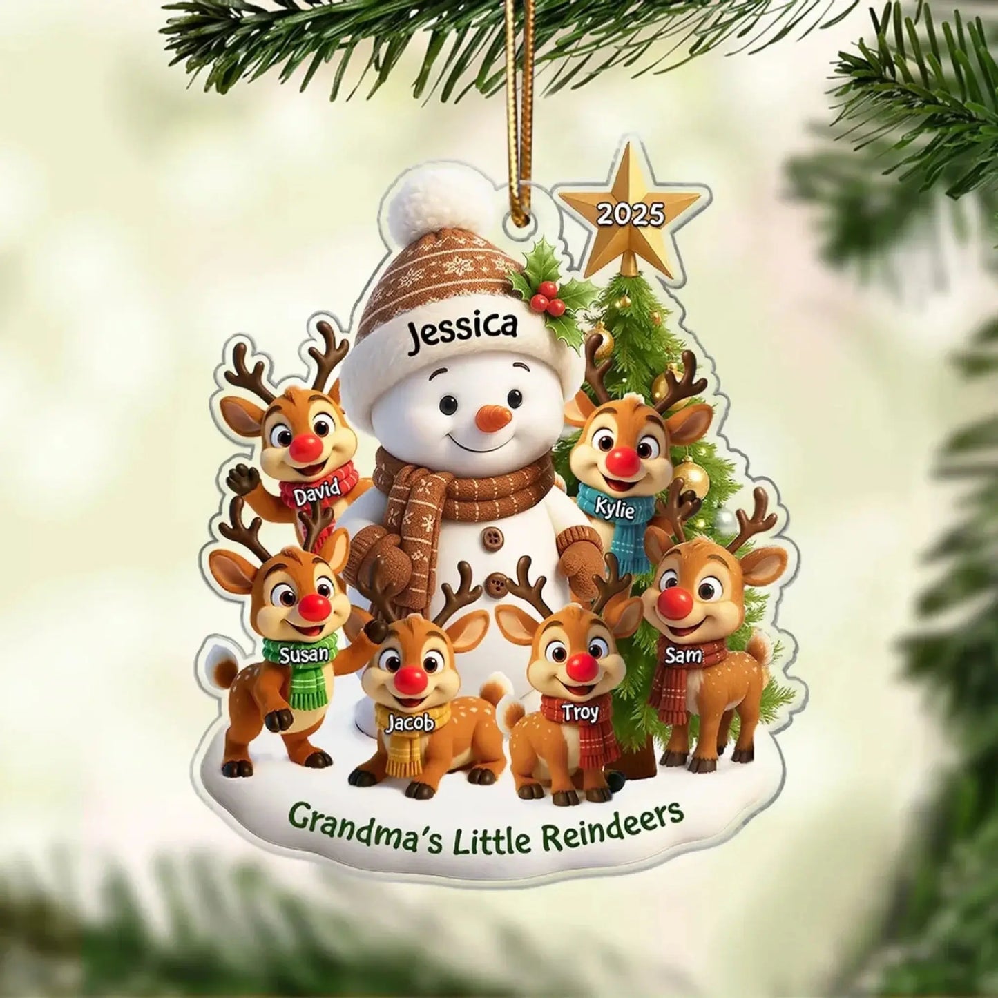 Grandma’s Little Reindeers Christmas Ornament – Personalized Acrylic Snowman Gift with Grandkids' Names and Year Ezcustomize